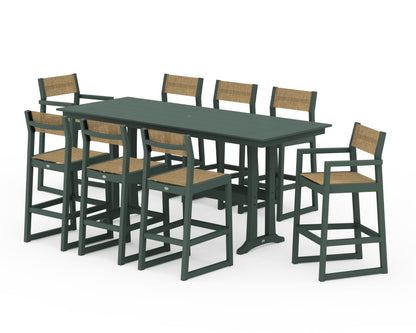 POLYWOOD® EDGE Sling 9-Piece Farmhouse Bar Set with Trestle Legs in Green / Burlap Sling