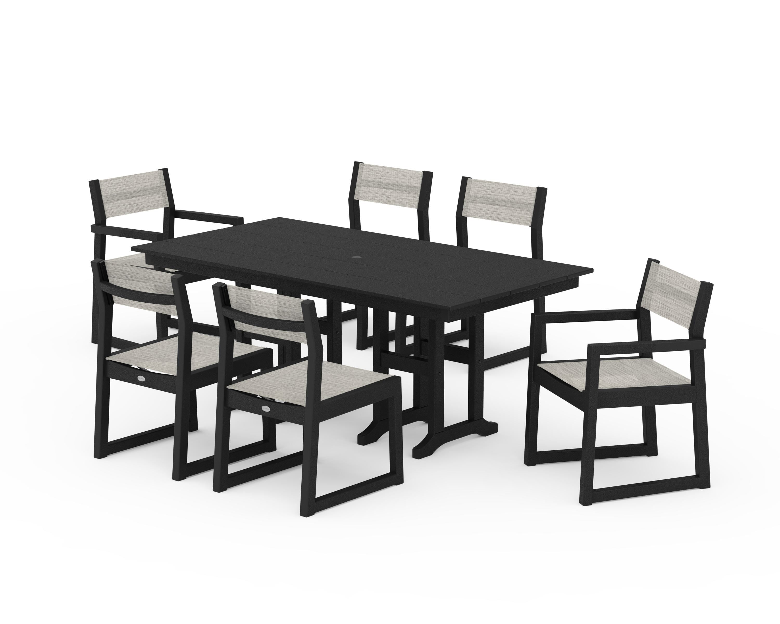POLYWOOD® EDGE Sling 7-Piece Farmhouse Dining Set in Black / Birch Sling