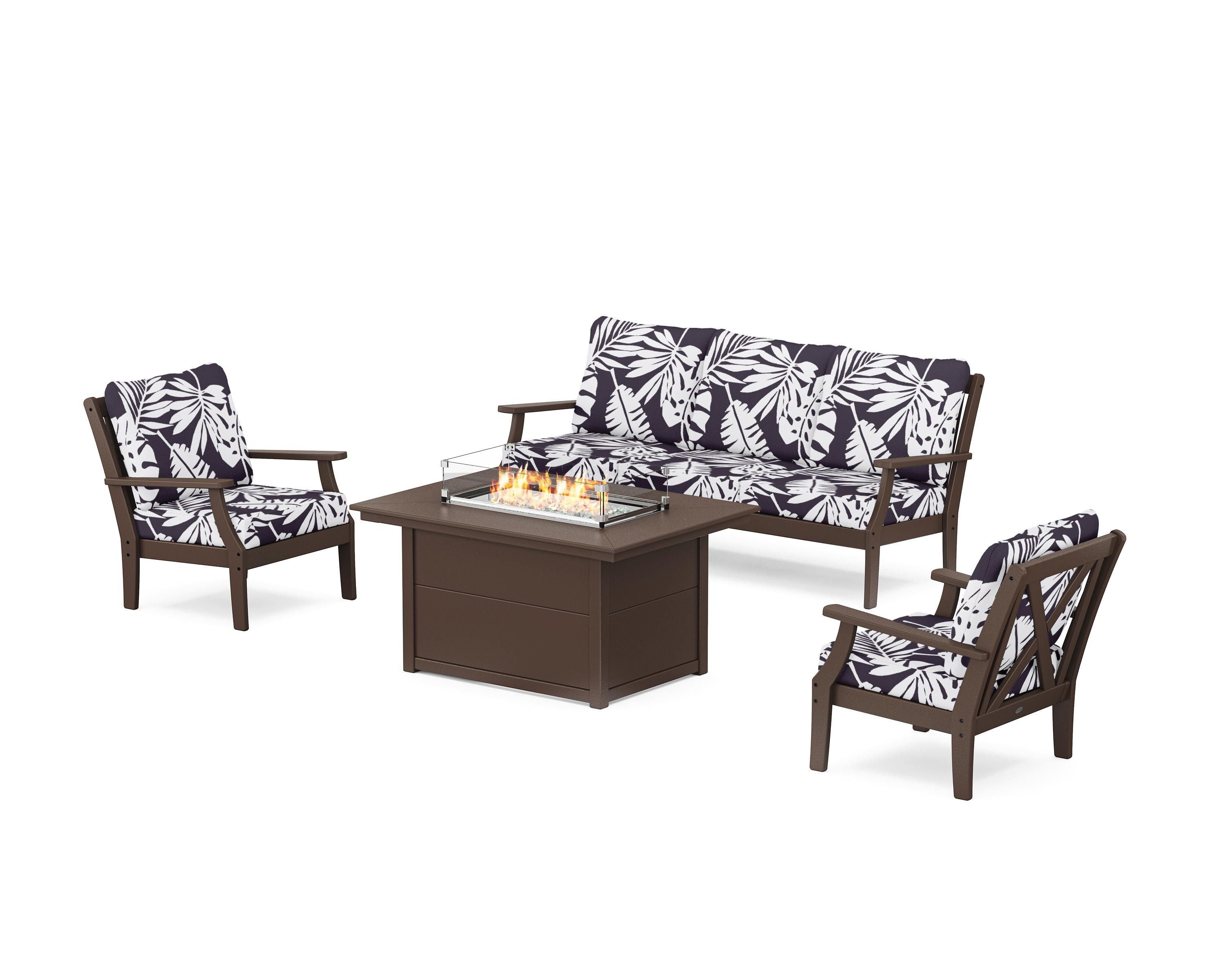 POLYWOOD® Braxton Deep Seating Fire Pit Table Set in Mahogany / Leaf Navy