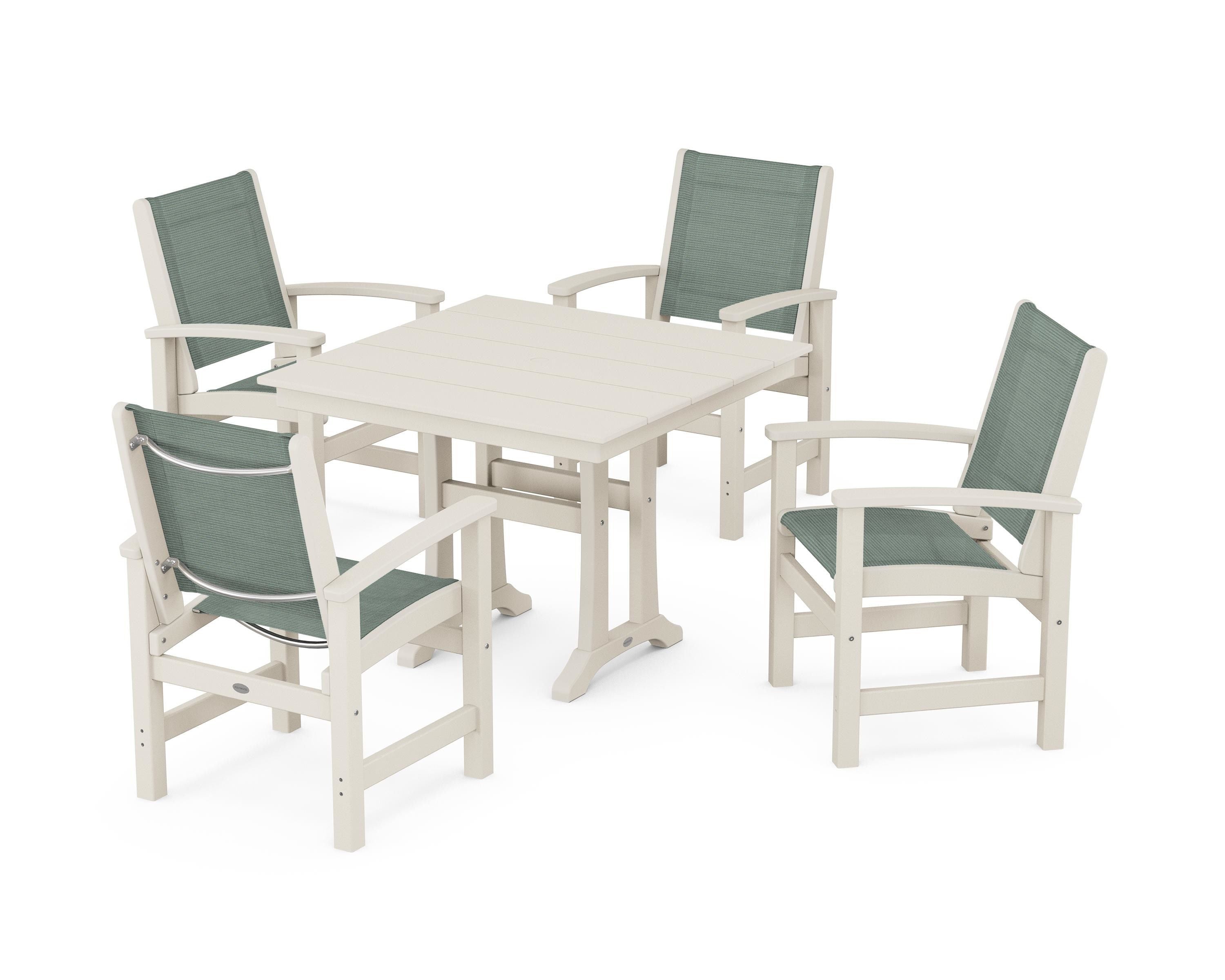 POLYWOOD® Coastal 5-Piece Farmhouse Dining Set With Trestle Legs in Sand / Dupioni Sea Mist Sling