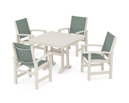 POLYWOOD® Coastal 5-Piece Farmhouse Dining Set With Trestle Legs in Sand / Dupioni Sea Mist Sling