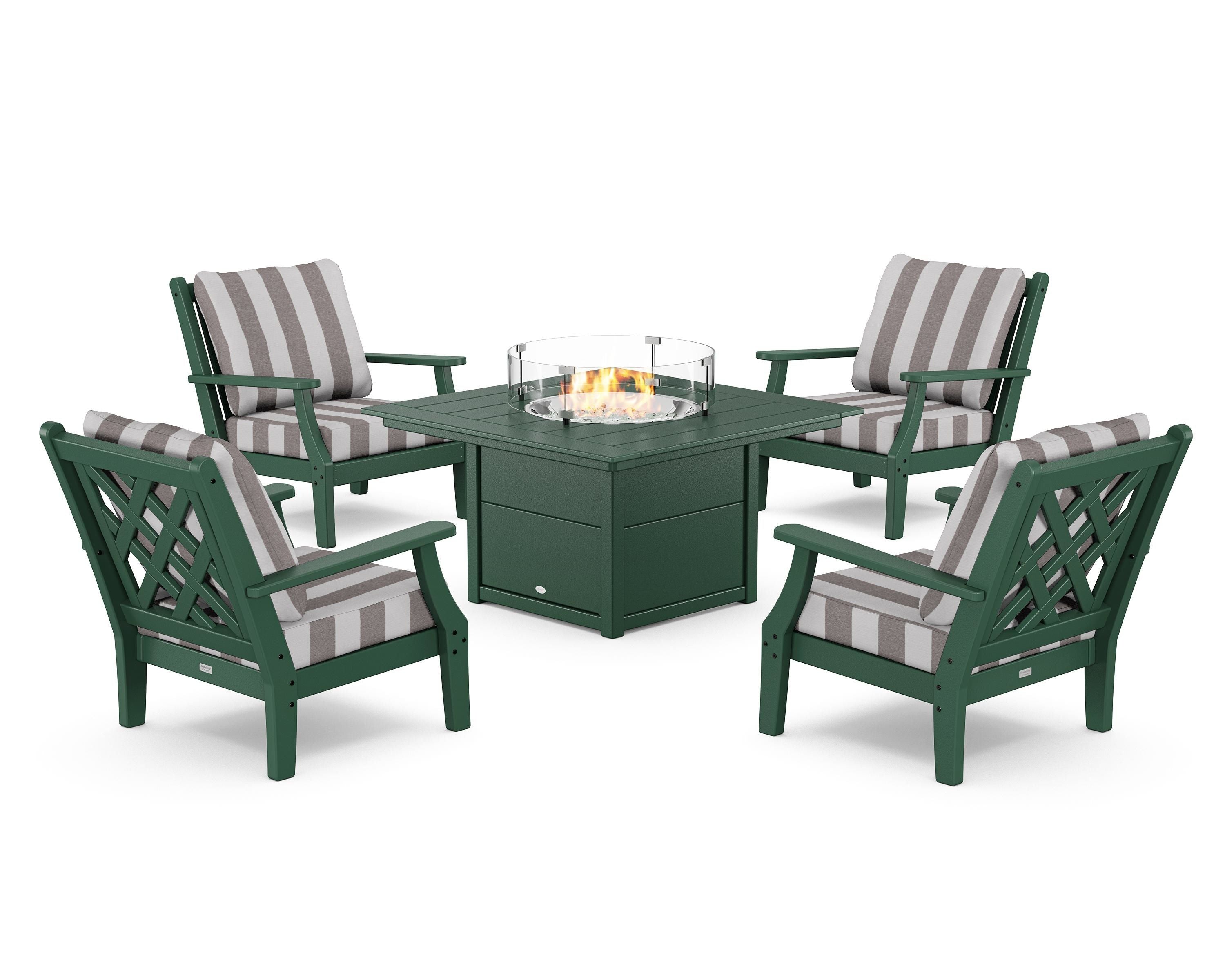 Country Living Wovendale 5-Piece Deep Seating Set with Fire Pit Table in Green / Cabana Stripe Grey Mist