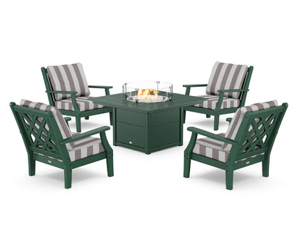 Country Living Wovendale 5-Piece Deep Seating Set with Fire Pit Table in Green / Cabana Stripe Grey Mist