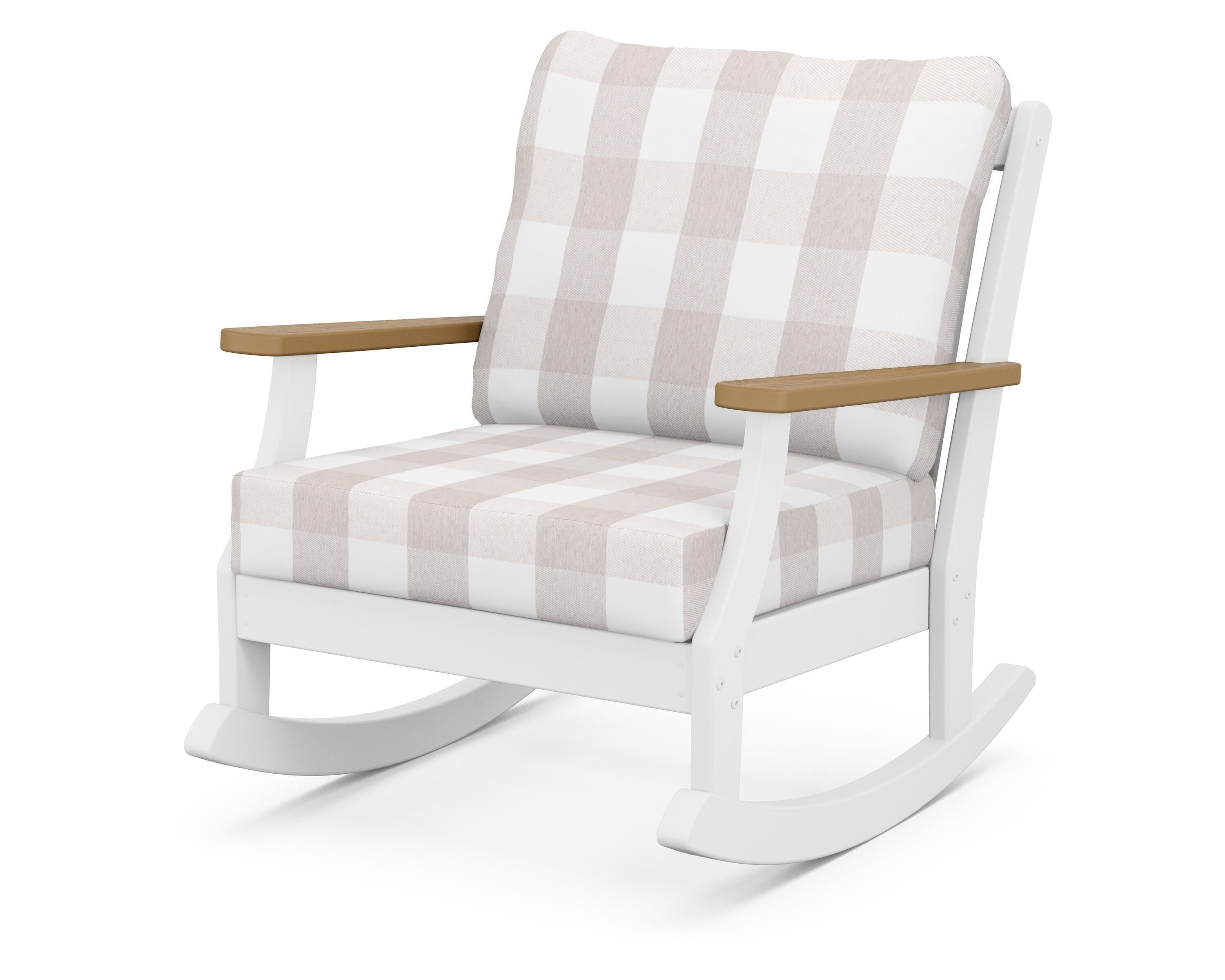 POLYWOOD® Braxton Deep Seating Rocking Chair in White / Natural / Buffalo Plaid Dune Burlap