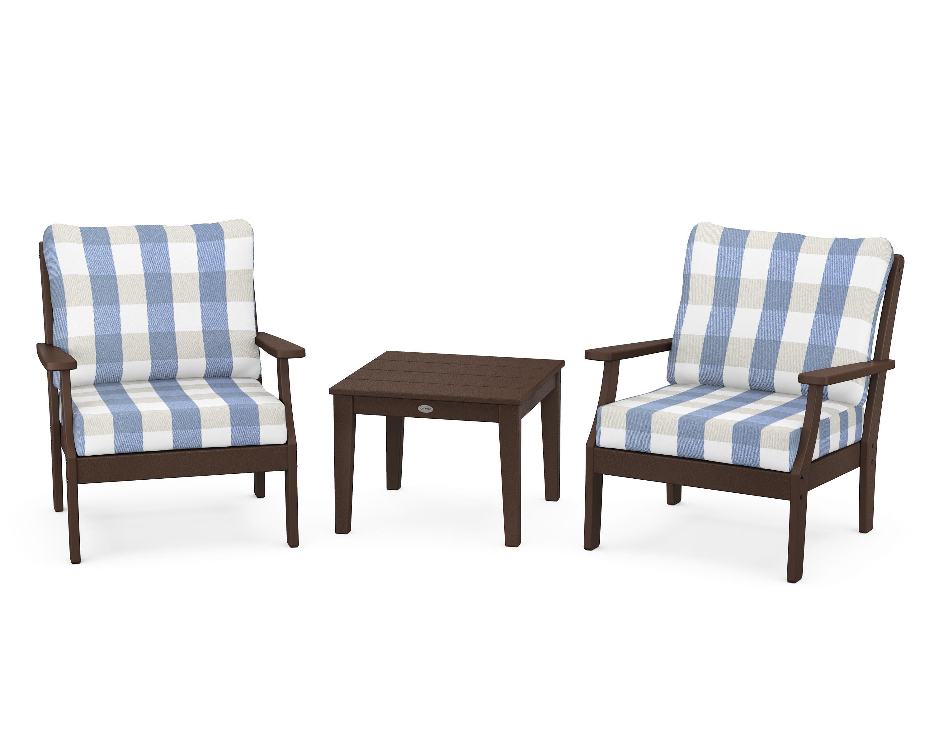 POLYWOOD® Braxton 3-Piece Deep Seating Set in Mahogany / Buffalo Plaid Sky Blue