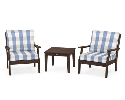 POLYWOOD® Braxton 3-Piece Deep Seating Set in Mahogany / Buffalo Plaid Sky Blue