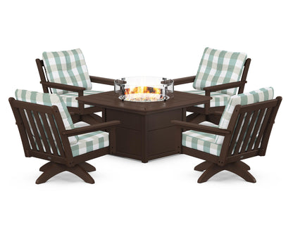 POLYWOOD® Vineyard 5-Piece Deep Seating Swivel Conversation Set with Fire Pit Table in Mahogany / Buffalo Plaid Glacier Spa