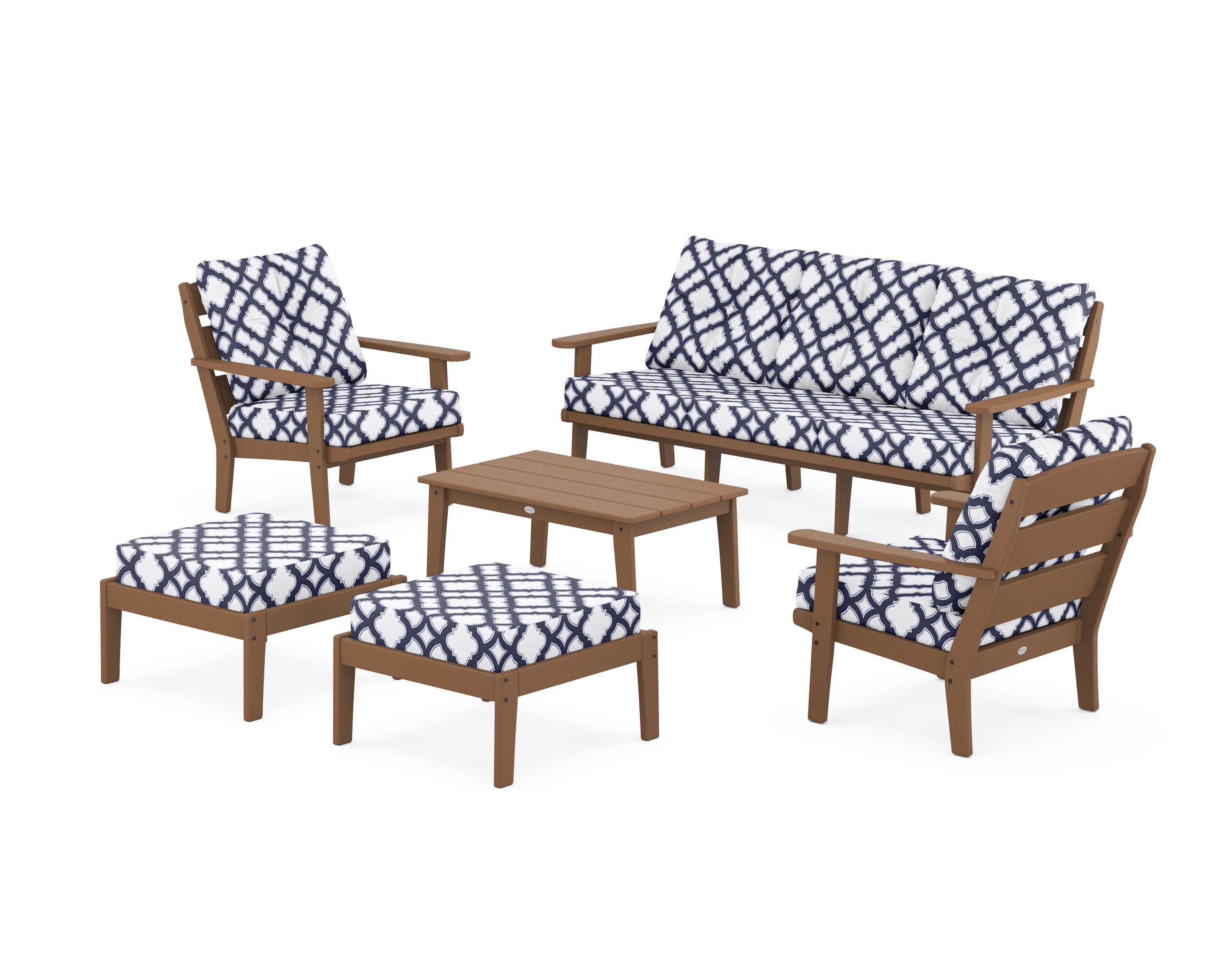POLYWOOD® Lakeside 6-Piece Lounge Sofa Set in Teak / Trellis Navy