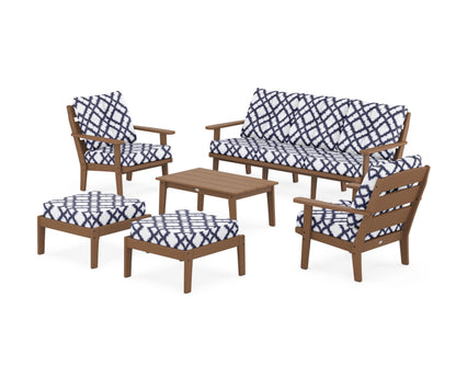 POLYWOOD® Lakeside 6-Piece Lounge Sofa Set in Teak / Trellis Navy