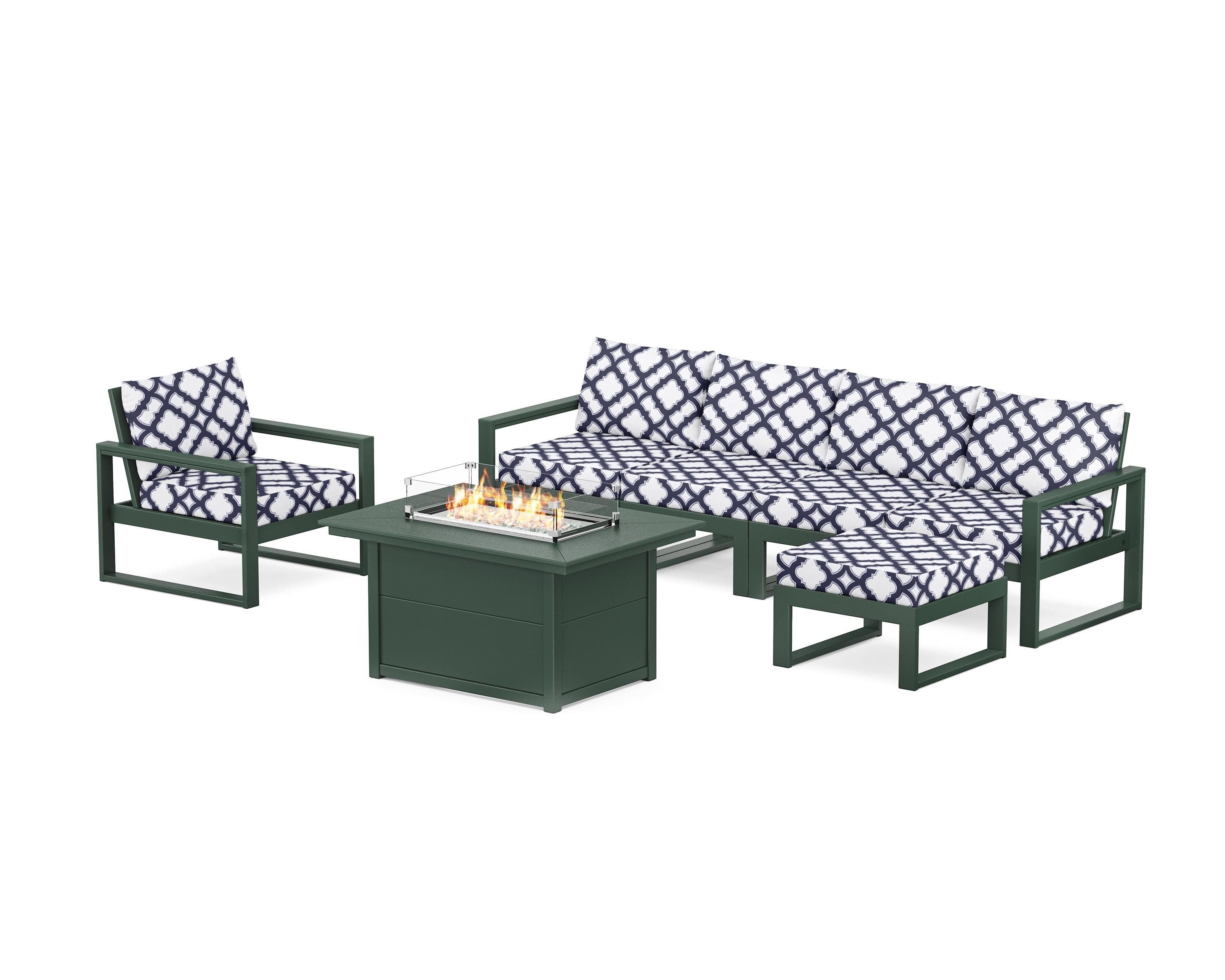POLYWOOD® EDGE Sectional Lounge and Fire Pit Set in Green / Trellis Navy