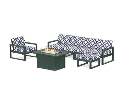 POLYWOOD® EDGE Sectional Lounge and Fire Pit Set in Green / Trellis Navy