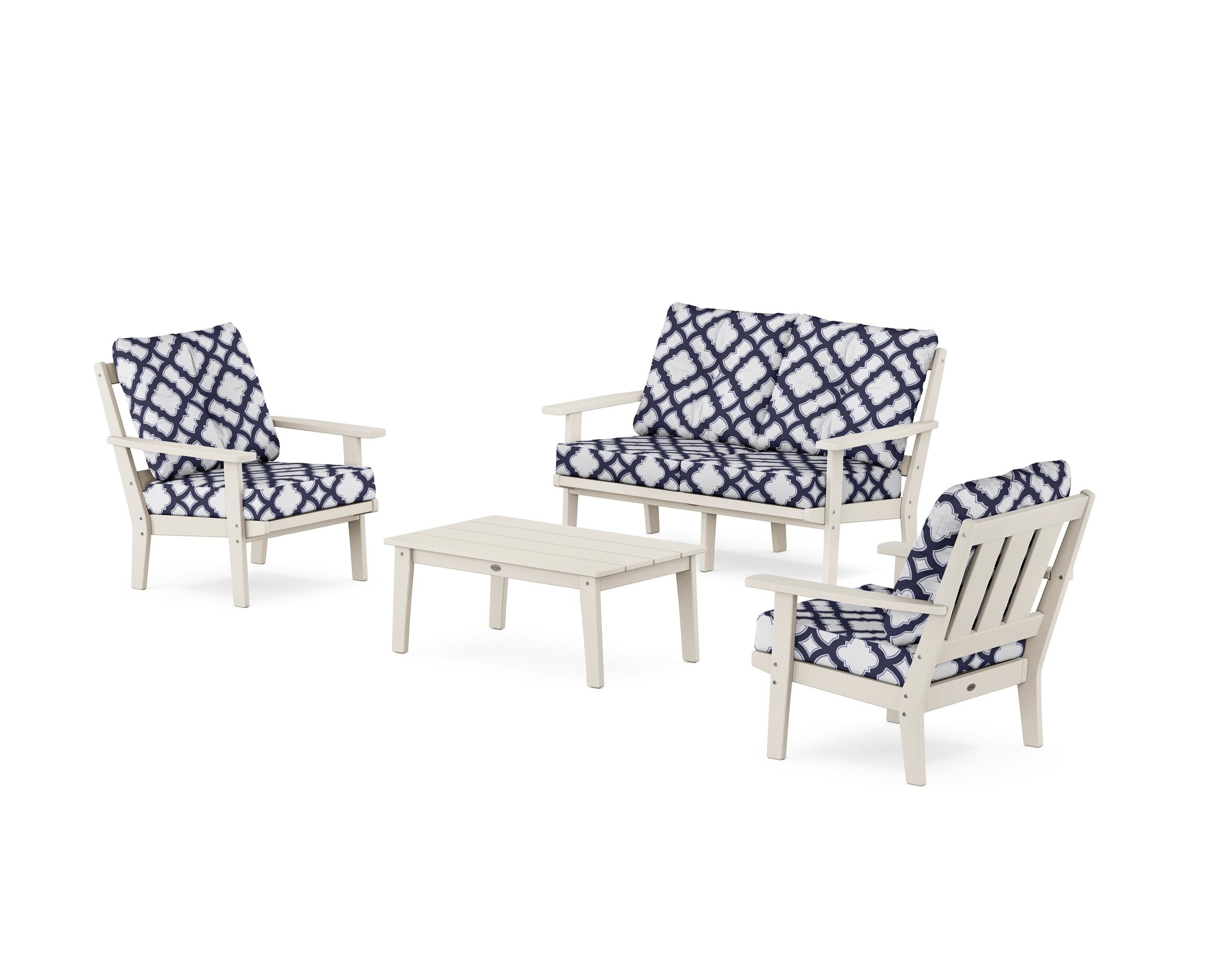 POLYWOOD® Oxford 4-Piece Deep Seating Set with Loveseat in Sand / Trellis Navy