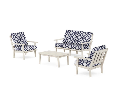 POLYWOOD® Oxford 4-Piece Deep Seating Set with Loveseat in Sand / Trellis Navy