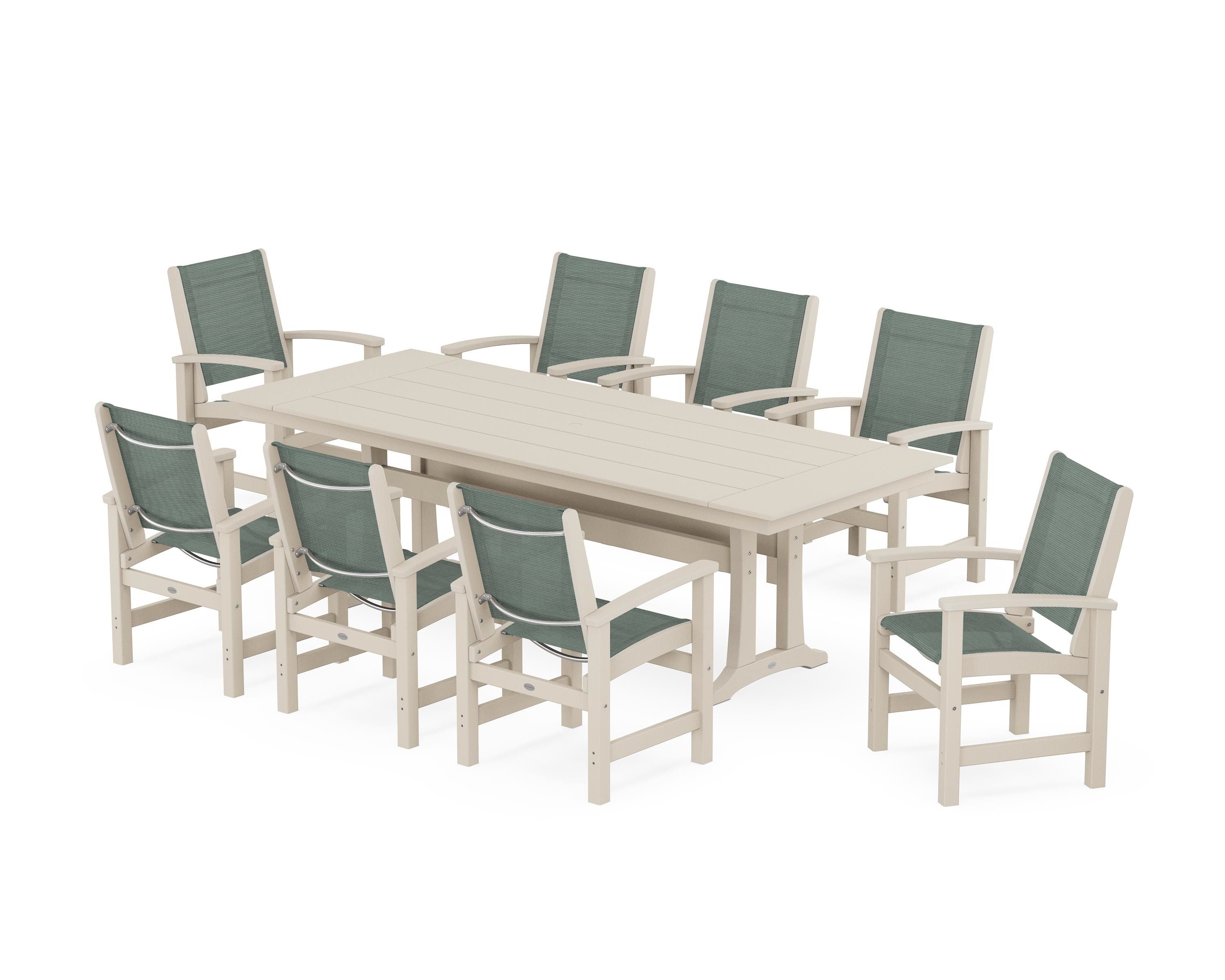 POLYWOOD® Coastal 9-Piece Farmhouse Dining Set with Trestle Legs in Sand / Dupioni Sea Mist Sling