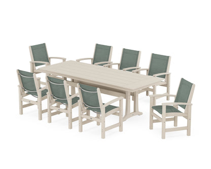 POLYWOOD® Coastal 9-Piece Farmhouse Dining Set with Trestle Legs in Sand / Dupioni Sea Mist Sling