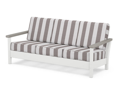 POLYWOOD® Harbour Deep Seating Sofa in White / Driftwood / Cabana Stripe Grey Mist