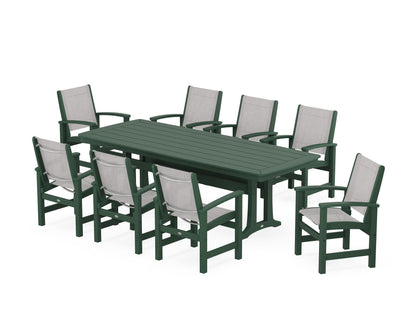 POLYWOOD® Coastal 9-Piece Dining Set with Trestle Legs in Green / Parchment Sling