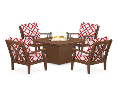 POLYWOOD® Braxton 5-Piece Deep Seating Conversation Set with Fire Pit Table in Teak / Trellis Crimson