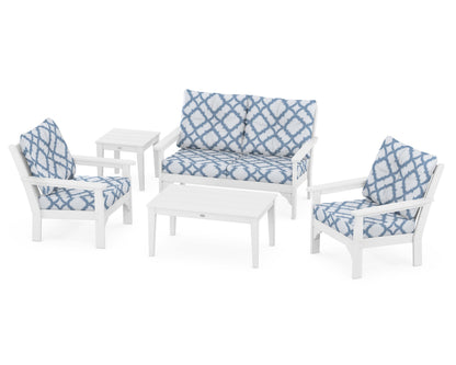POLYWOOD® Vineyard 5-Piece Deep Seating Set in White / Trellis Sky Blue