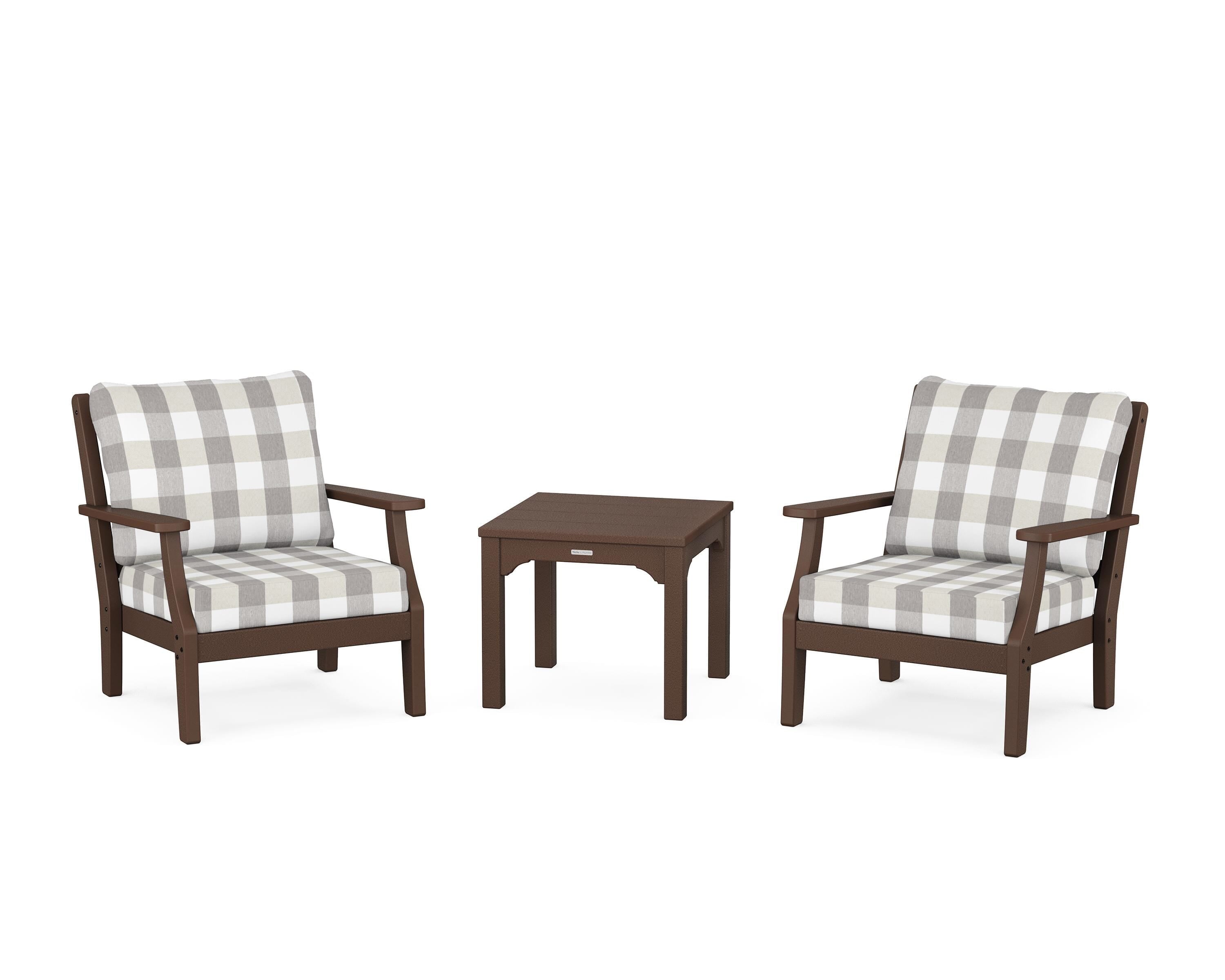 Martha Stewart by POLYWOOD® Chinoiserie 3-Piece Deep Seating Set in Mahogany / Buffalo Plaid Grey Mist