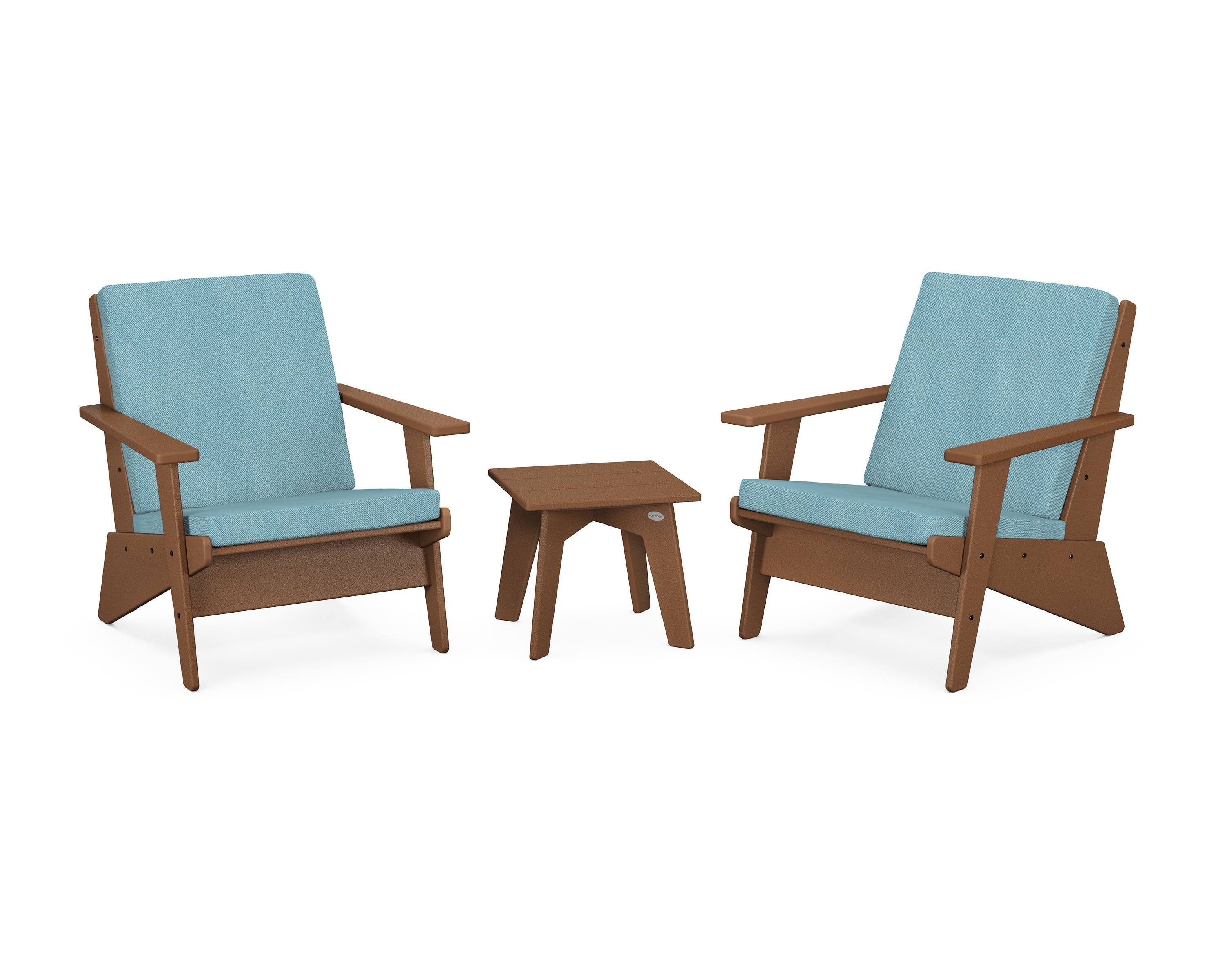 POLYWOOD® Riviera Modern Lounge 3-Piece Set in Teak / Lattice Sky Blue