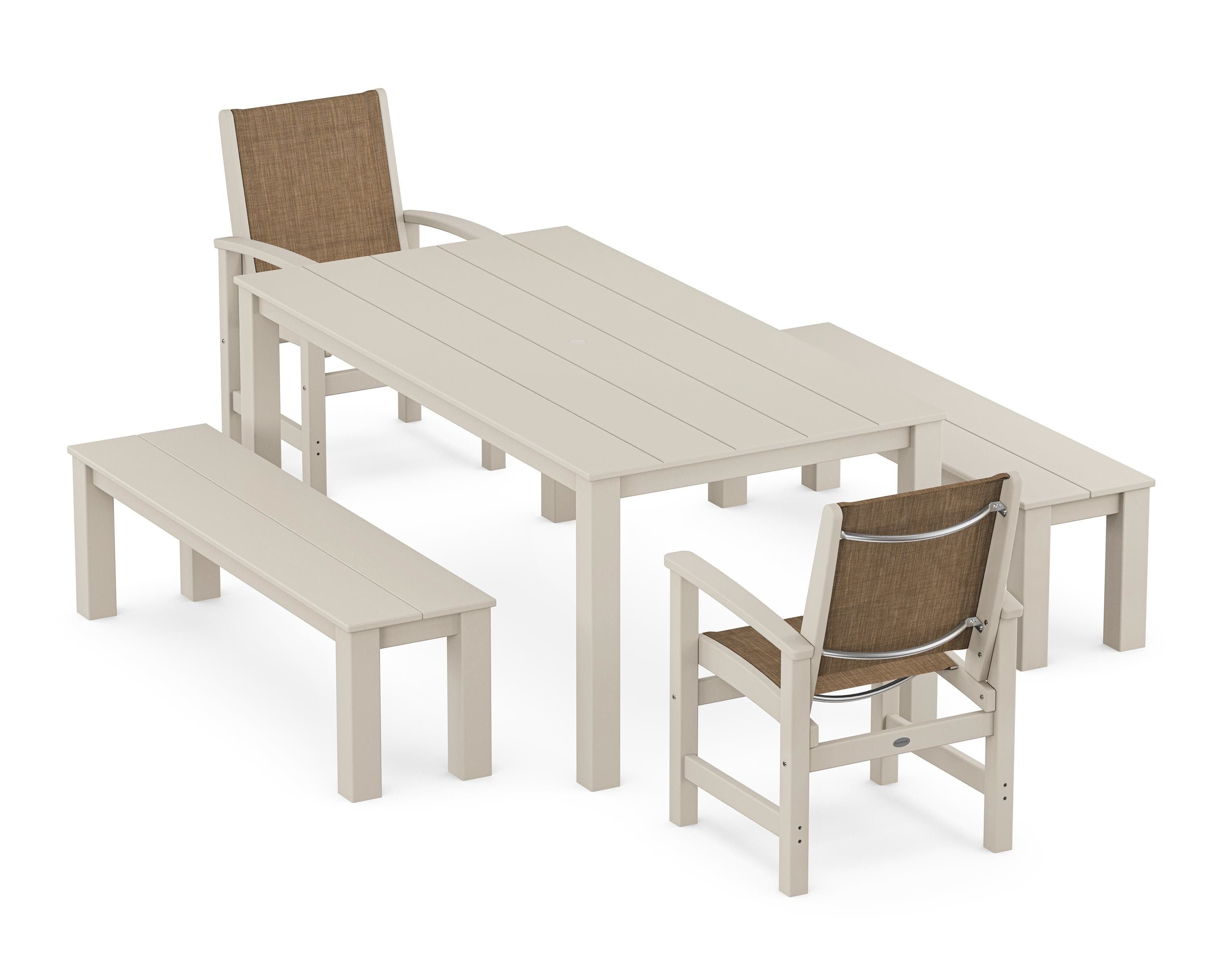 POLYWOOD® Coastal 5-Piece Parsons Dining Set with Benches in Sand / Burlap Sling