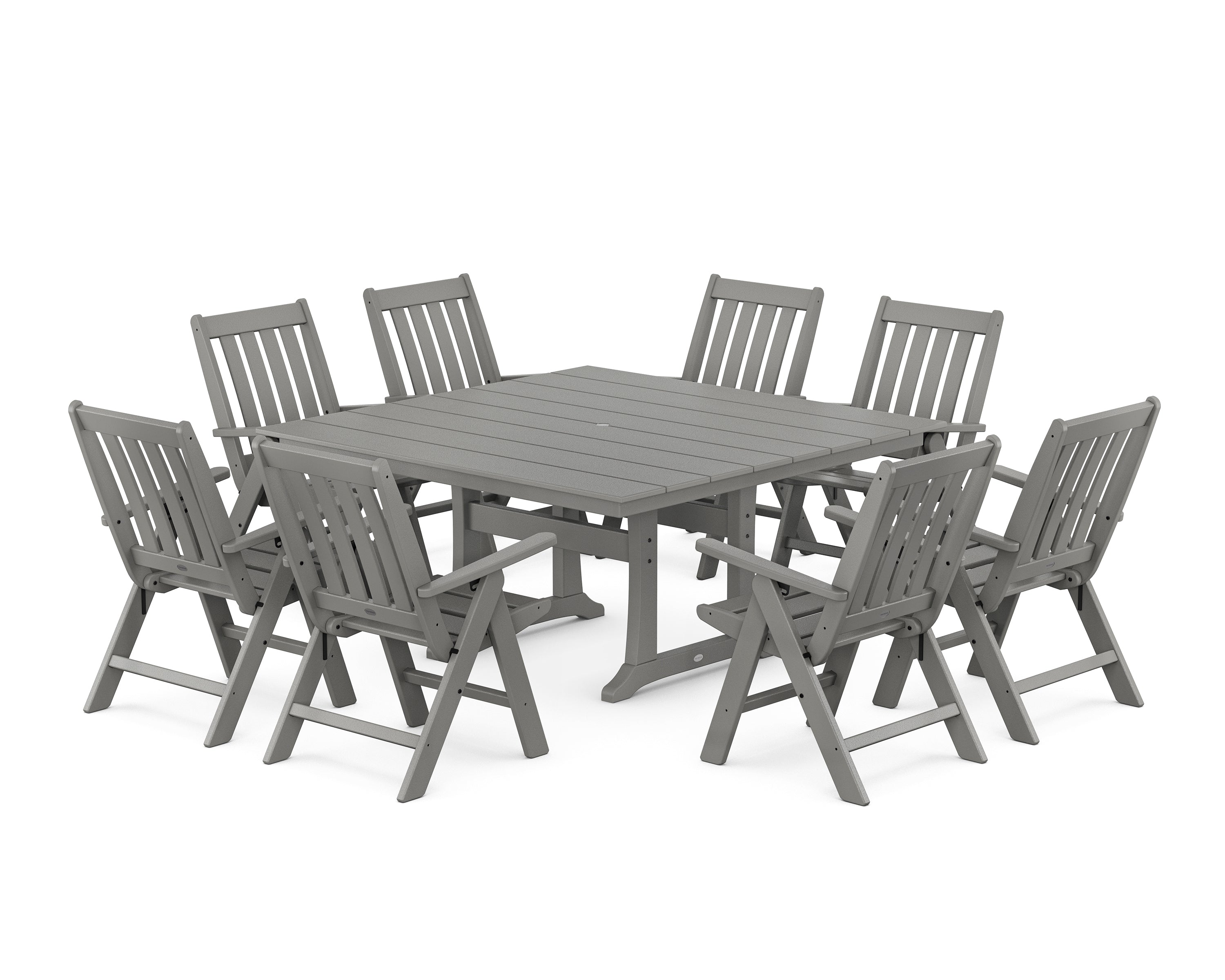 POLYWOOD® Vineyard Folding Chair 9-Piece Square Farmhouse Dining Set with Trestle Legs in Slate Grey