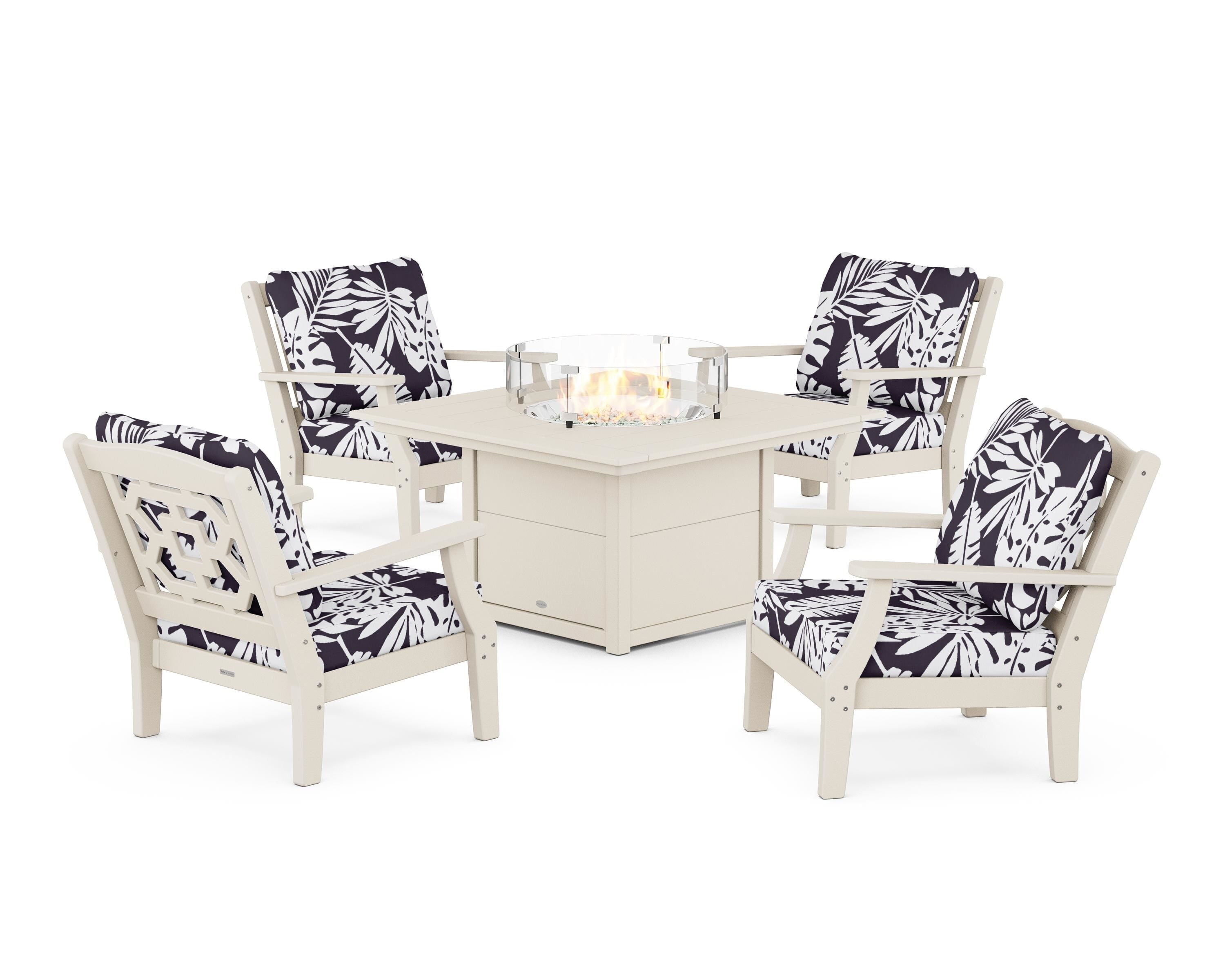 Martha Stewart by POLYWOOD® Chinoiserie 5-Piece Deep Seating Set with Fire Pit Table in Sand / Leaf Navy