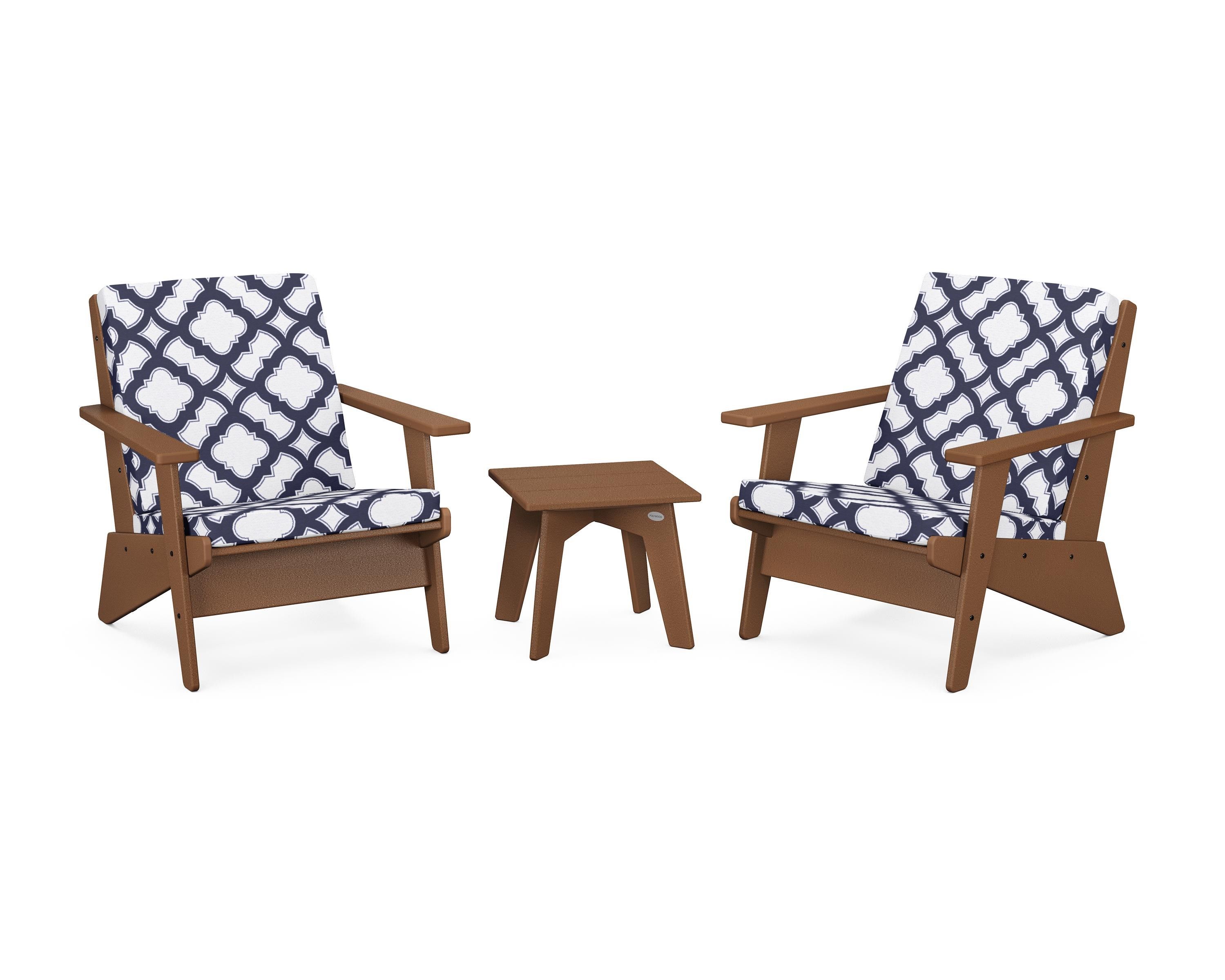 POLYWOOD® Riviera Modern Lounge 3-Piece Set in Teak / Trellis Navy