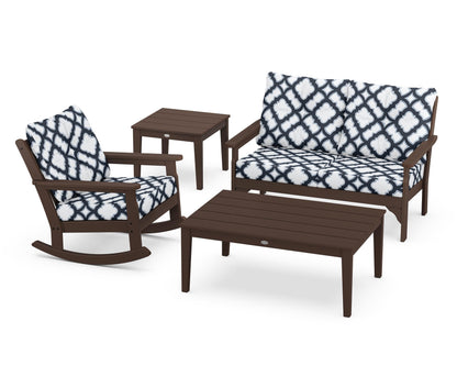 POLYWOOD® Vineyard 4-Piece Deep Seating Rocker Set in Mahogany / Trellis Marine Indigo