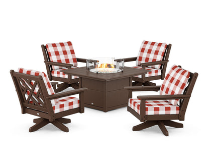 POLYWOOD® Chippendale 5-Piece Deep Seating Swivel Conversation Set with Fire Pit Table in Mahogany / Buffalo Plaid Crimson