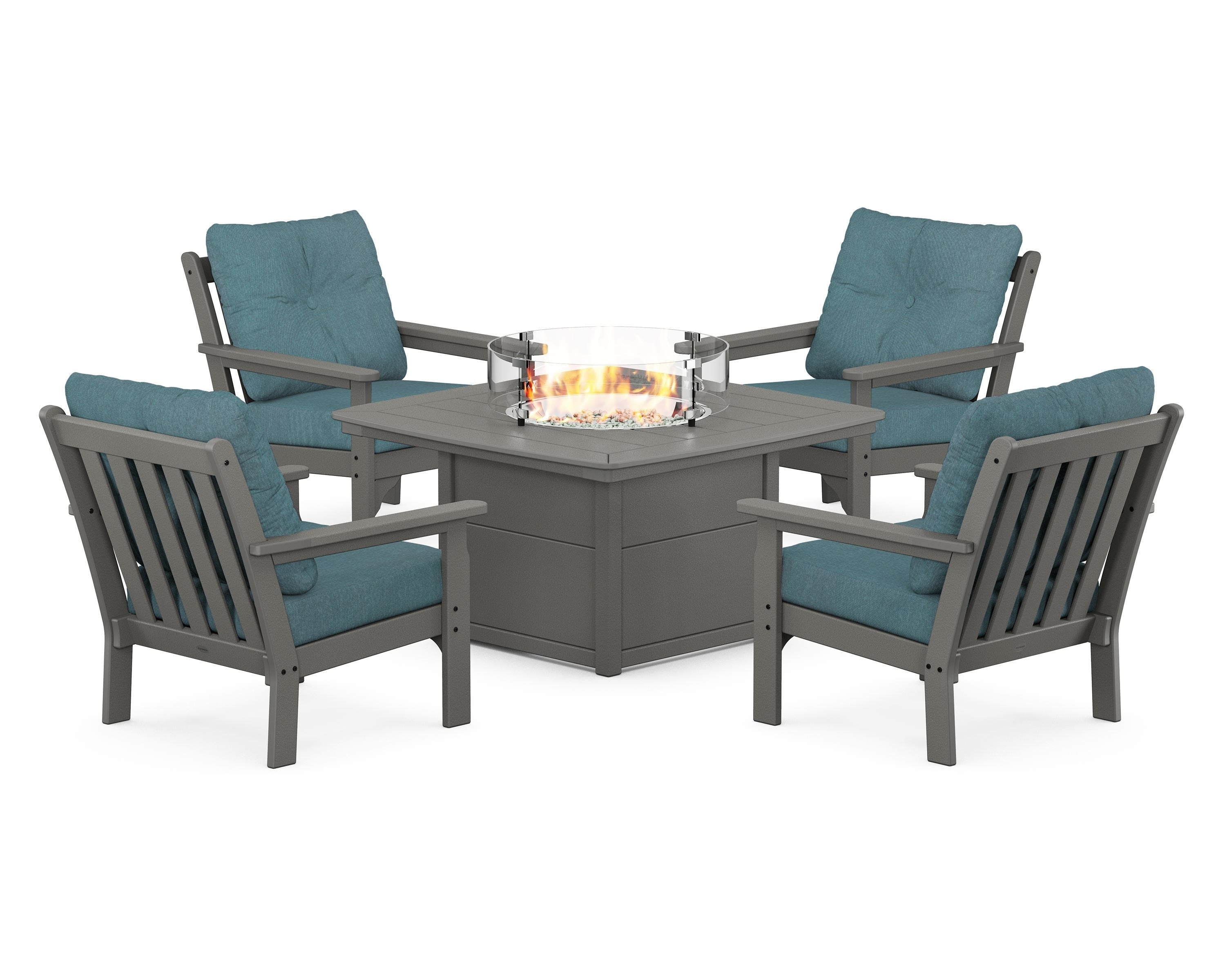POLYWOOD® Vineyard 5-Piece Conversation Set with Fire Pit Table in Slate Grey / Ocean Teal