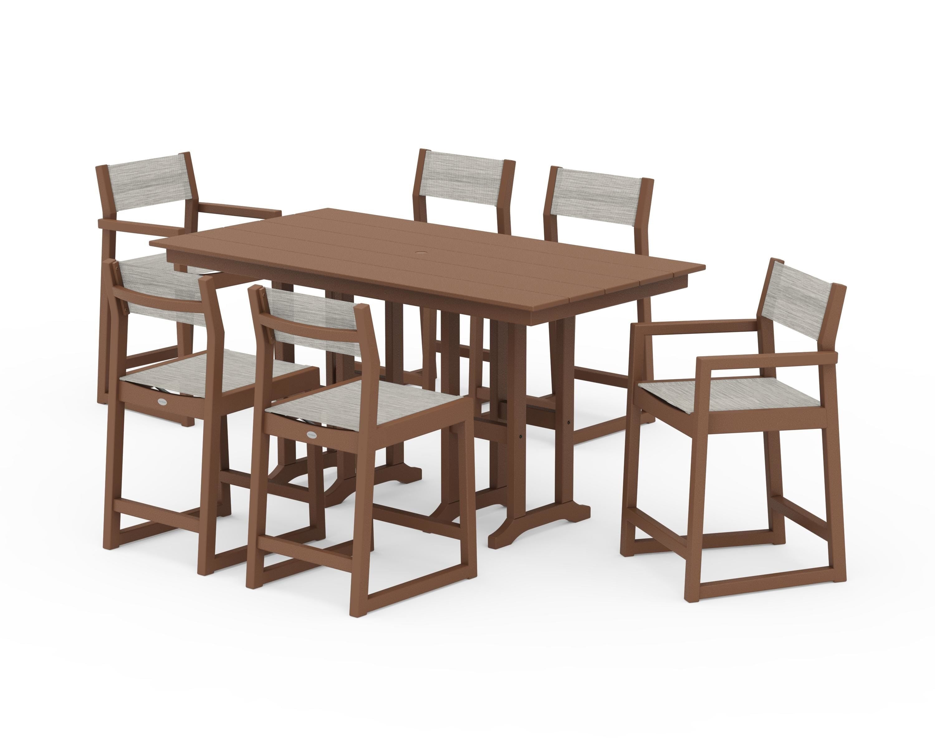 POLYWOOD® EDGE Sling 7-Piece Farmhouse Counter Set with Trestle Legs in Teak / Birch Sling