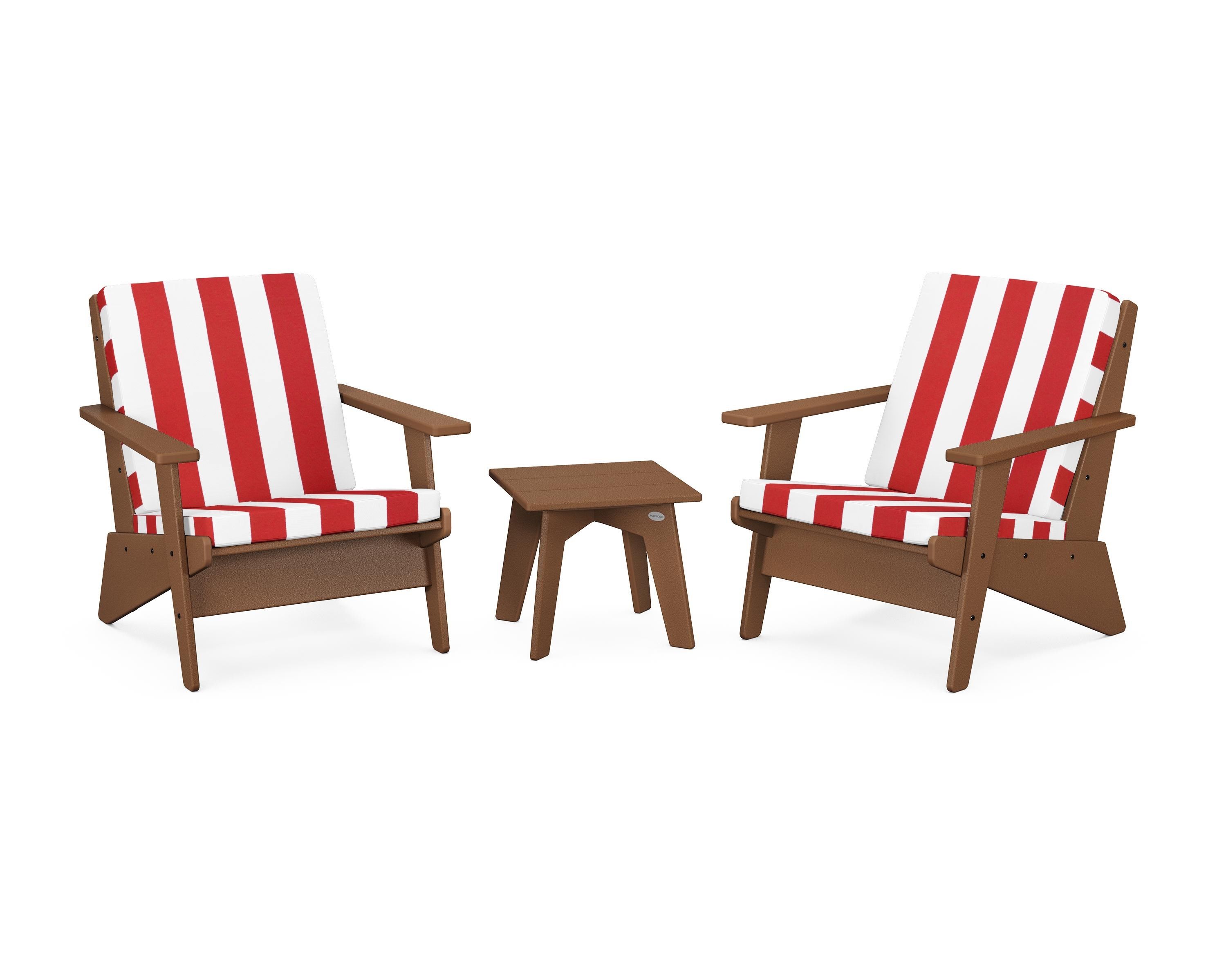POLYWOOD® Riviera Modern Lounge 3-Piece Set in Teak / Cabana Stripe Crimson