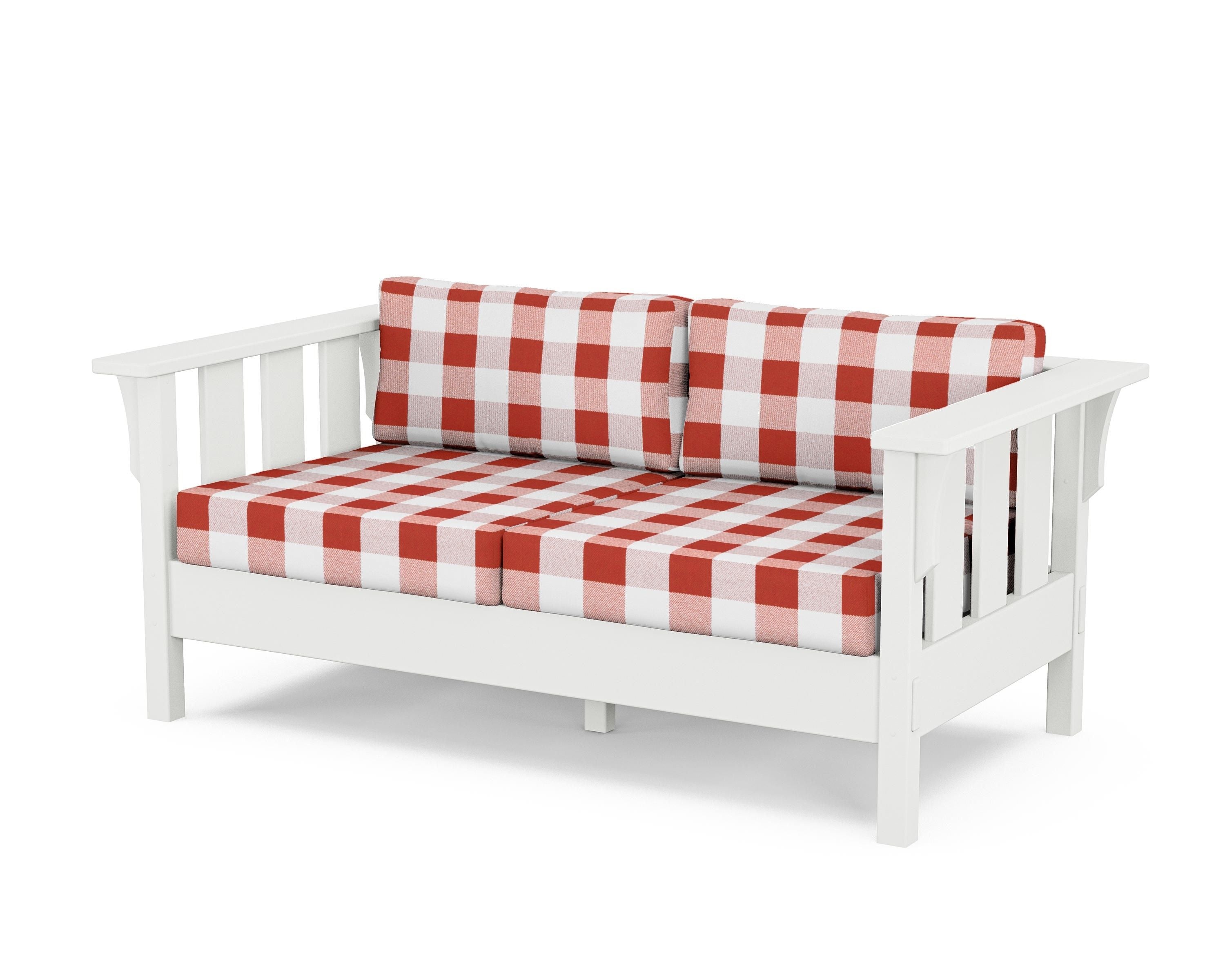 Martha Stewart by POLYWOOD® Acadia Deep Seating Loveseat in White / Buffalo Plaid Crimson