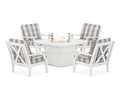 POLYWOOD® Braxton 5-Piece Deep Seating Conversation Set with Fire Pit Table in White / Buffalo Plaid Grey Mist