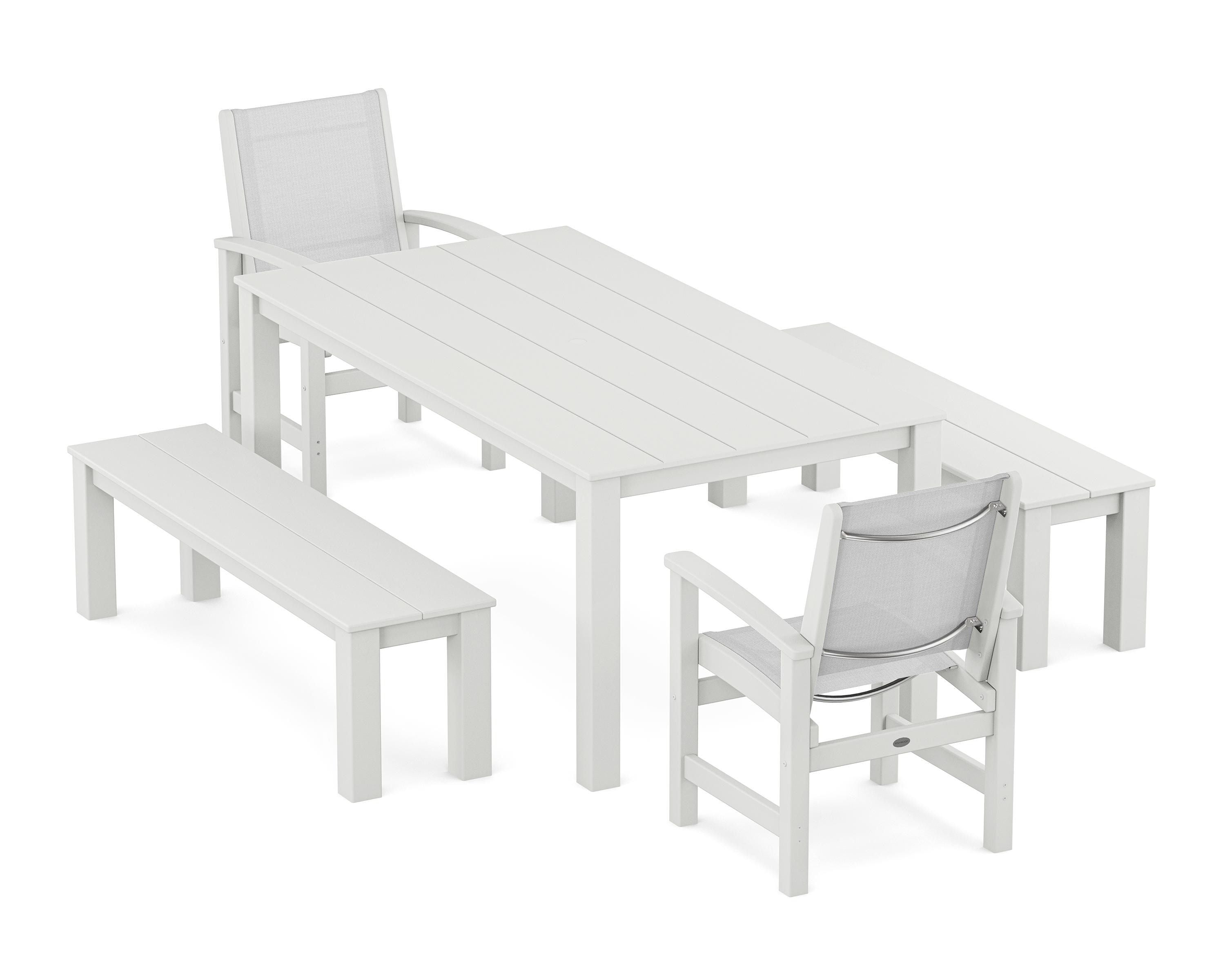 POLYWOOD® Coastal 5-Piece Parsons Dining Set with Benches in White / White Sling