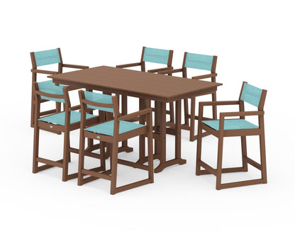 POLYWOOD® EDGE Sling Arm Chair 7-Piece Farmhouse Counter Set in Teak / Dupioni Aquamarine Sling