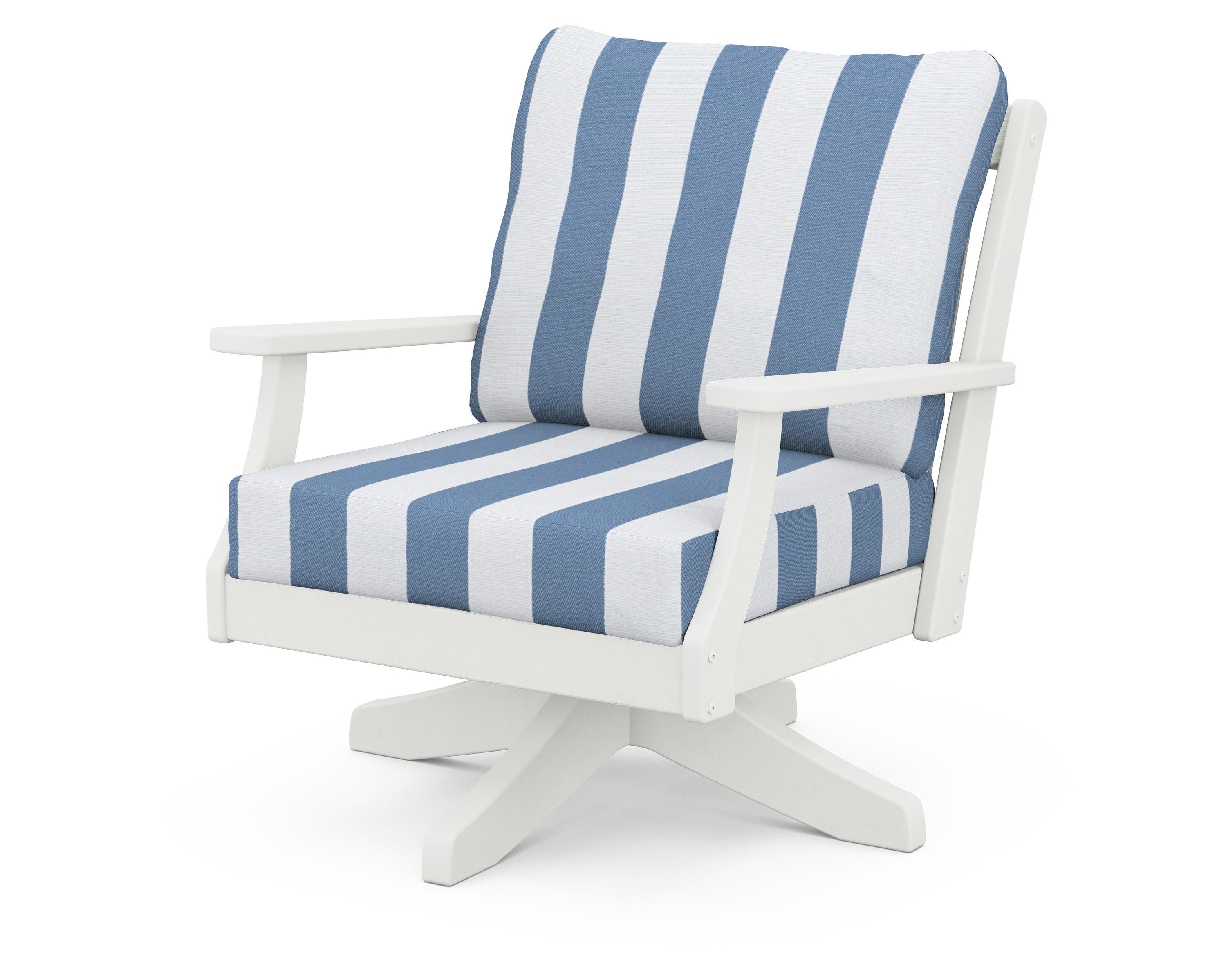 POLYWOOD® Braxton Deep Seating Swivel Chair in Vintage White / Cabana Stripe Sky Blue