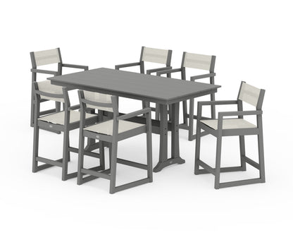POLYWOOD® EDGE Sling Arm Chair 7-Piece Farmhouse Counter Set with Trestle Legs in Slate Grey / Parchment Sling