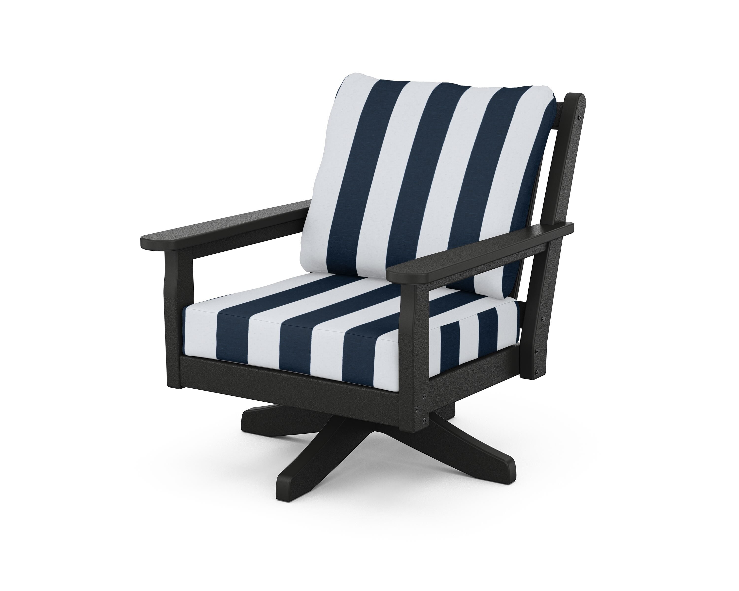POLYWOOD® Chippendale Deep Seating Swivel Chair in Black / Cabana Stripe Marine Indigo