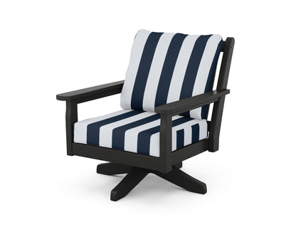 POLYWOOD® Chippendale Deep Seating Swivel Chair in Black / Cabana Stripe Marine Indigo