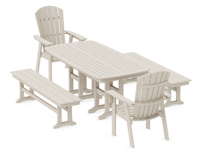POLYWOOD® Nautical Curveback Adirondack 5-Piece Dining Set with Benches in Sand