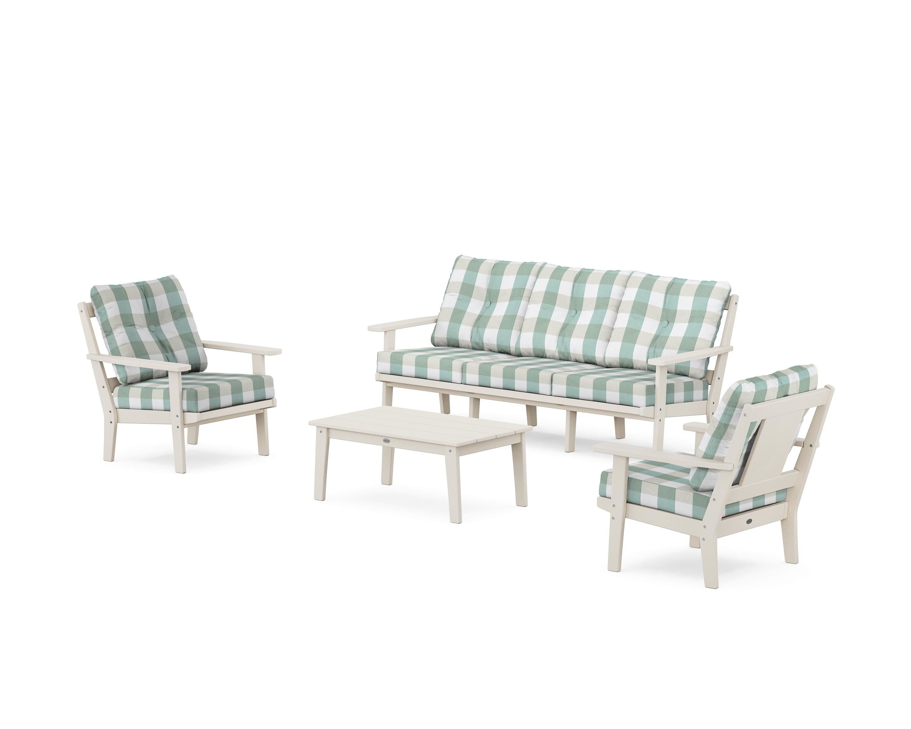 POLYWOOD® Prairie 4-Piece Deep Seating Set with Sofa in Sand / Buffalo Plaid Glacier Spa