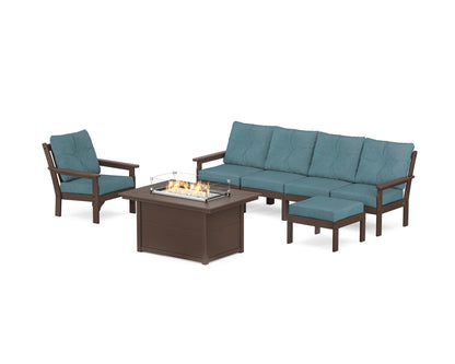 POLYWOOD® Vineyard Sectional Lounge and Fire Pit Set in Mahogany / Ocean Teal