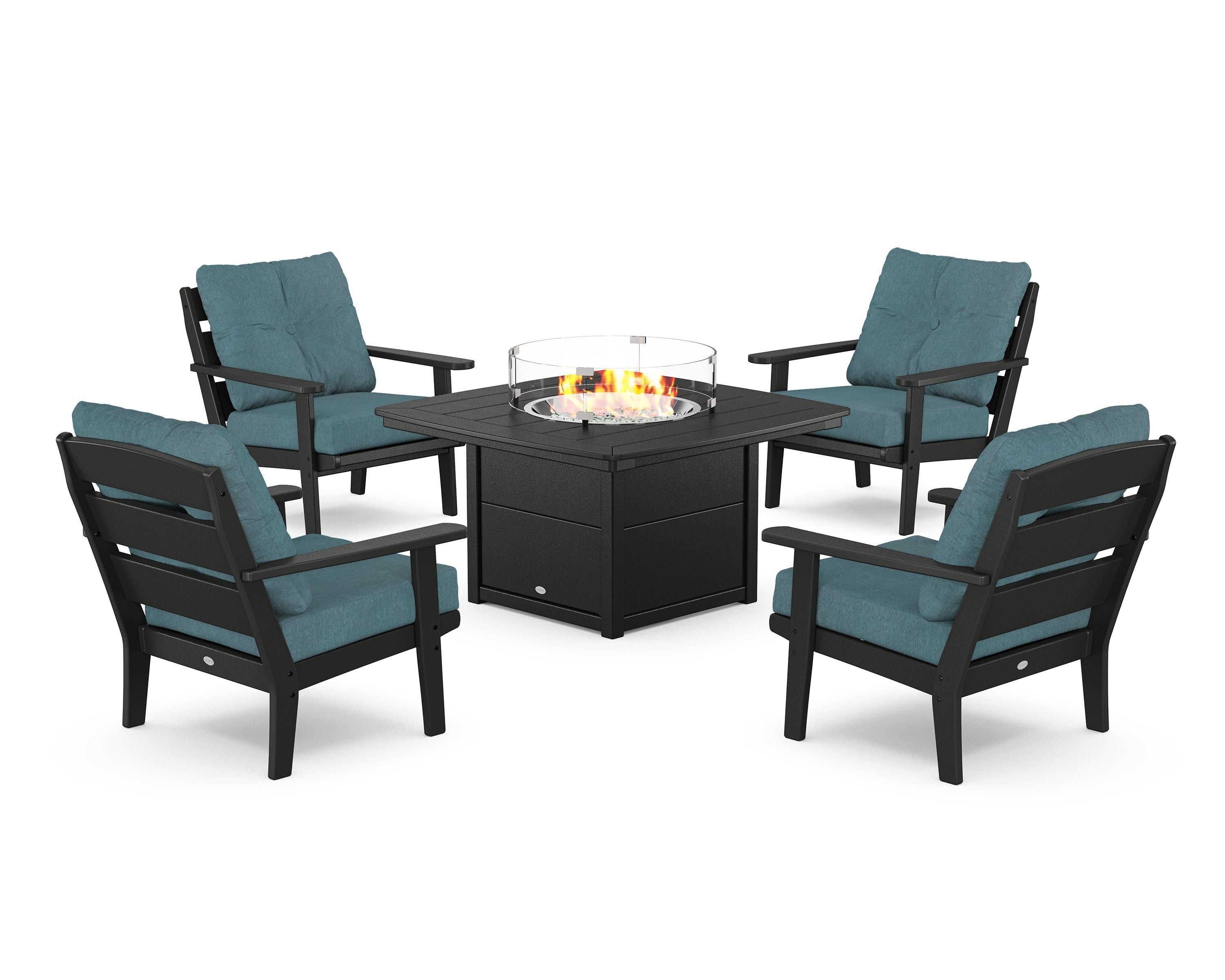 POLYWOOD® Lakeside 5-Piece Deep Seating Set with Nautical Fire Pit Table in Black / Ocean Teal