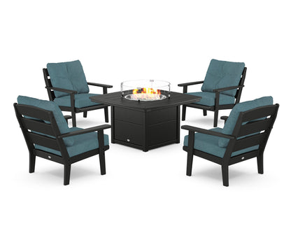 POLYWOOD® Lakeside 5-Piece Deep Seating Set with Nautical Fire Pit Table in Black / Ocean Teal