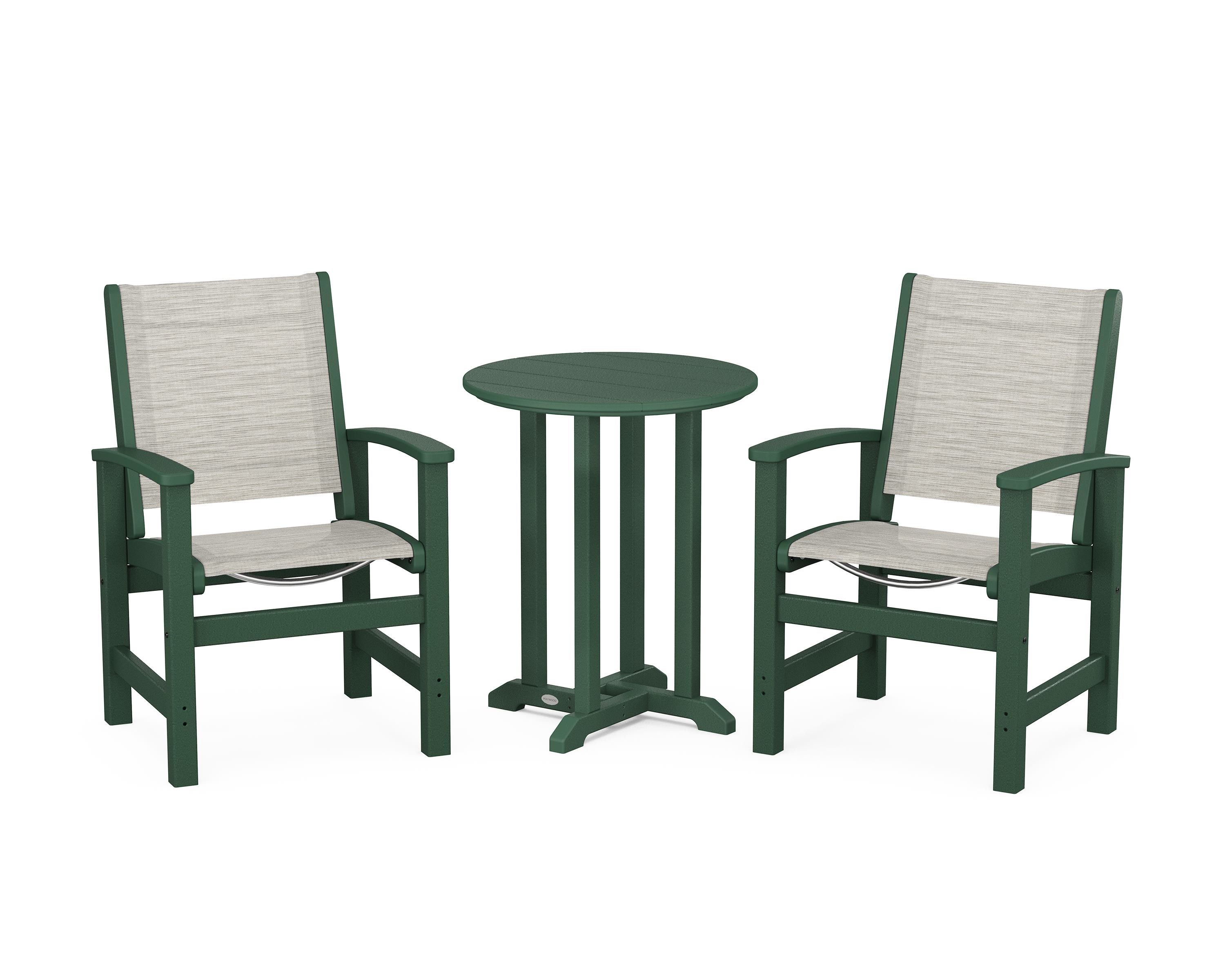 POLYWOOD® Coastal 3-Piece Round Bistro Dining Set in Green / Birch Sling