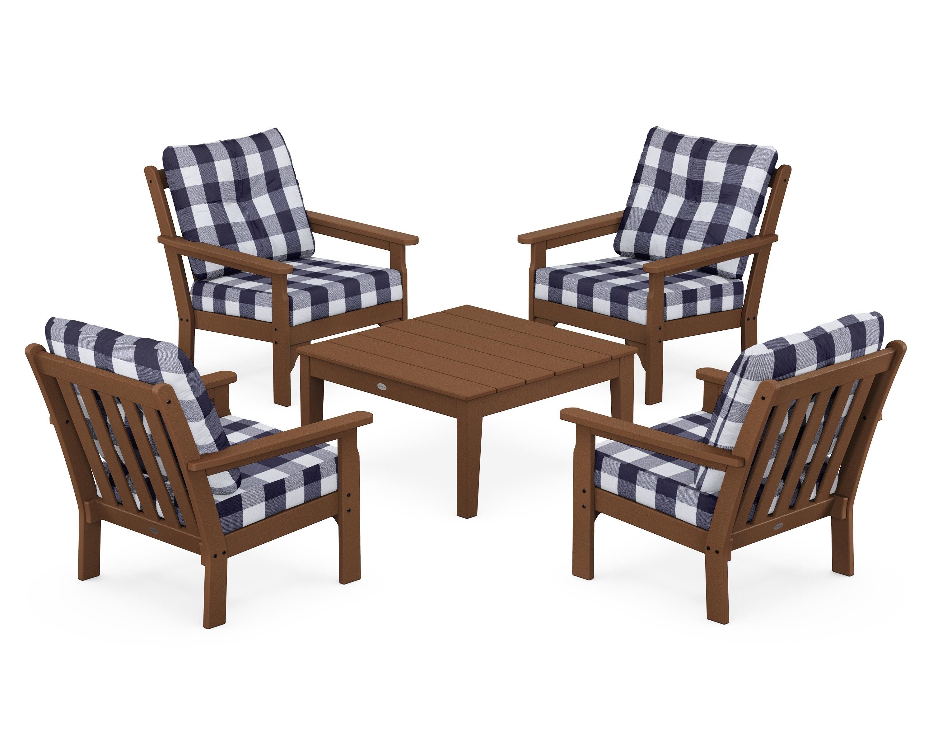 POLYWOOD® Vineyard 5-Piece Deep Seating Conversation Set in Teak / Buffalo Plaid Navy
