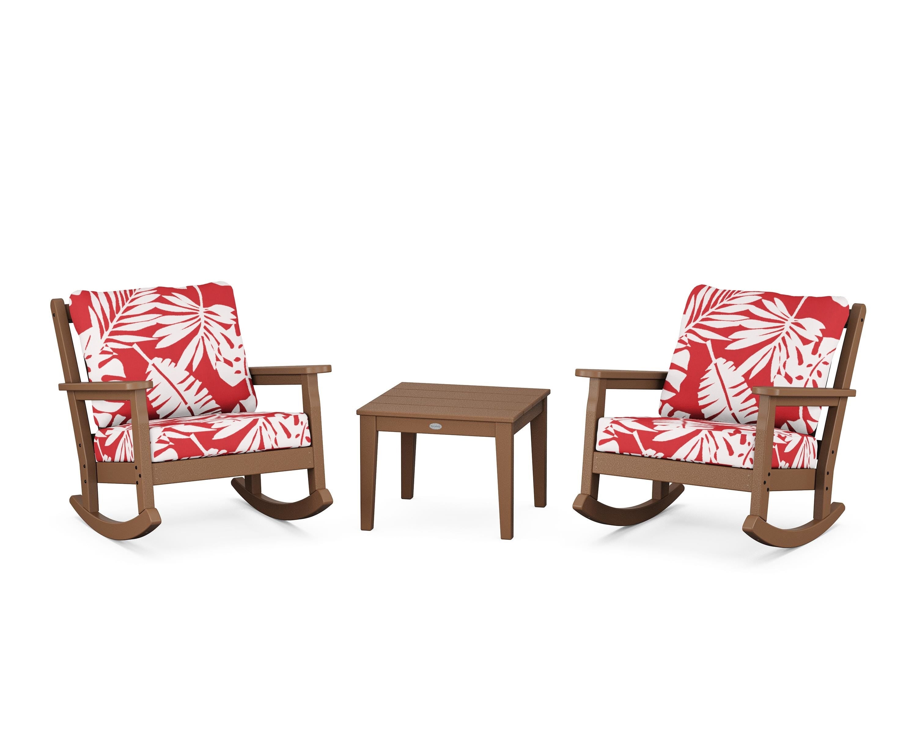 POLYWOOD® Chippendale 3-Piece Deep Seating Rocker Set in Teak / Leaf Crimson